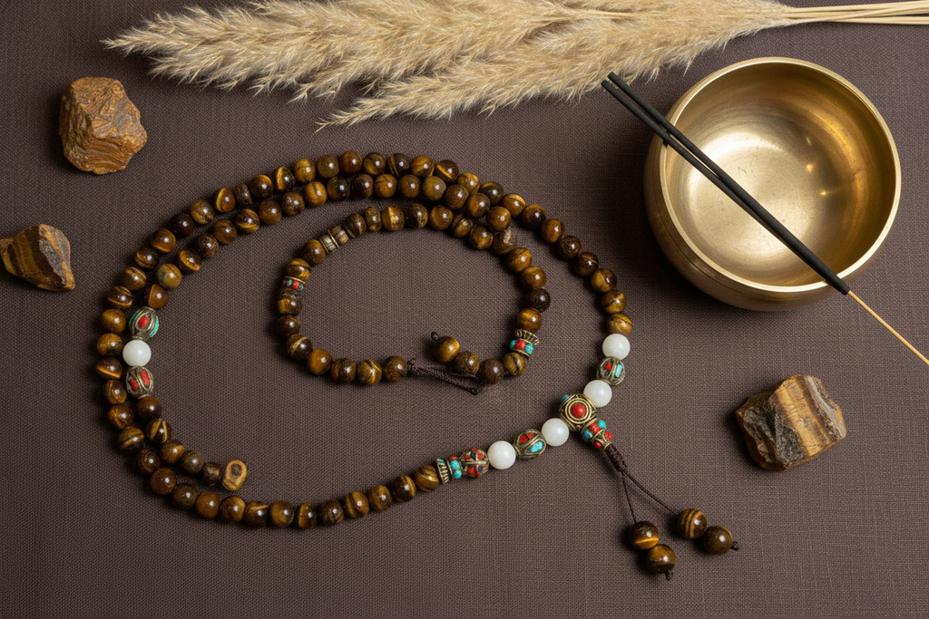 Mala occhio di tigre tibetana composizione con ciotola e incenso