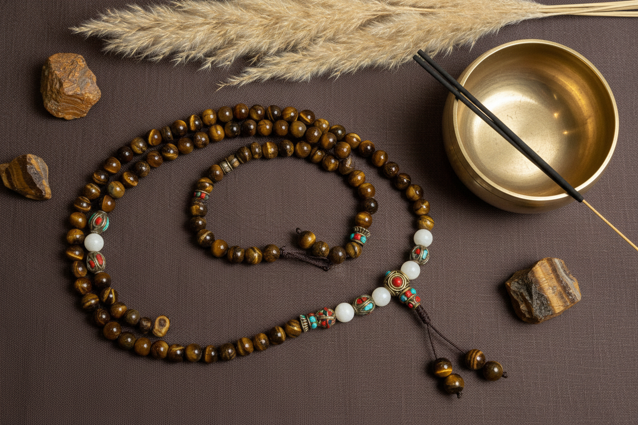 Mala occhio di tigre tibetana composizione con ciotola e incenso