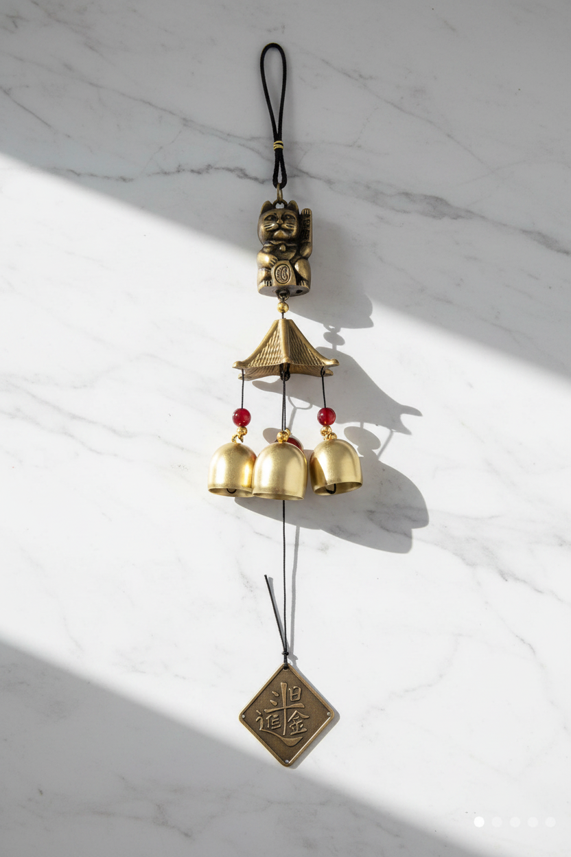 Campana a vento Maneki Neko - flatlay marmo bianco
