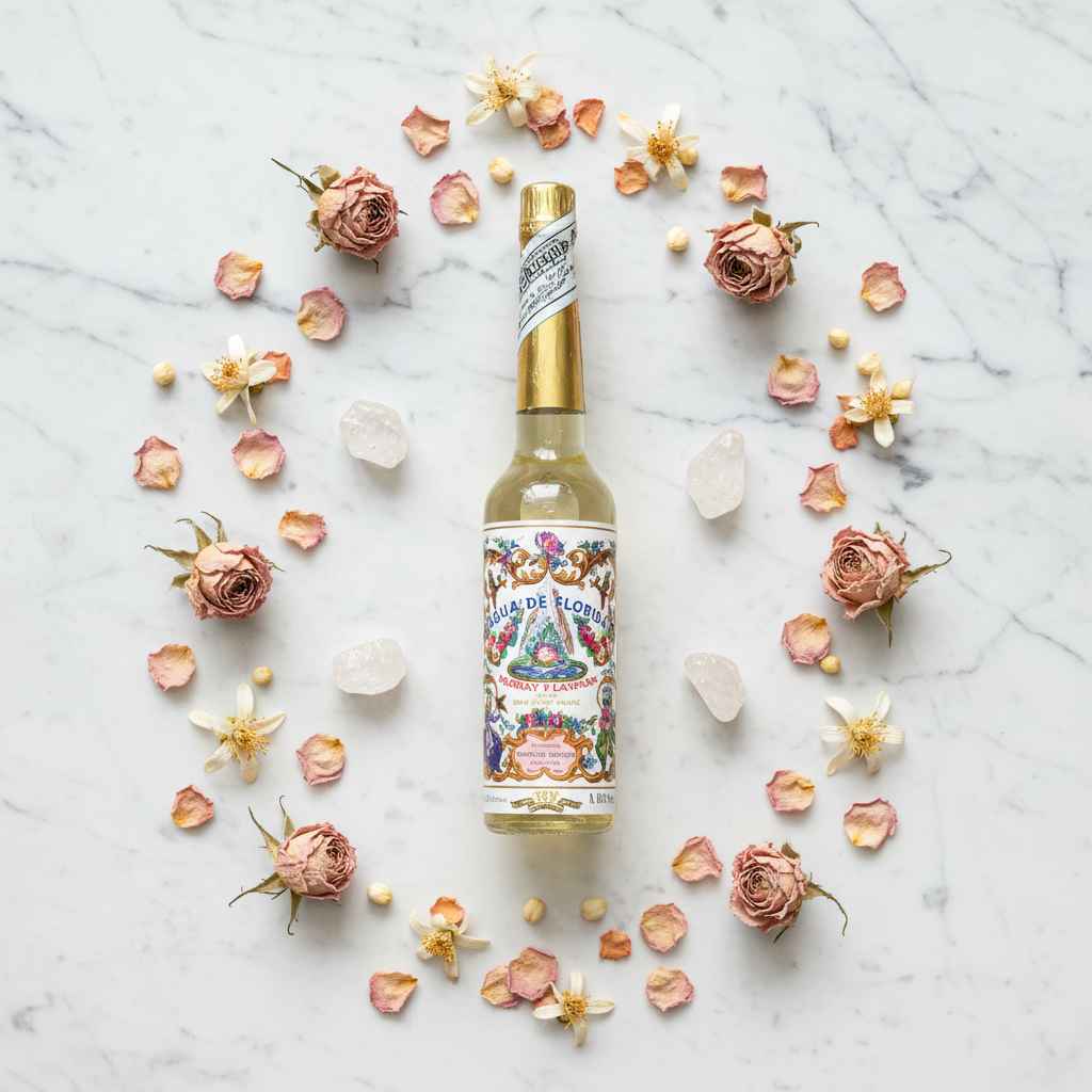Flatlay su marmo bianco con petali di rosa e quarzo