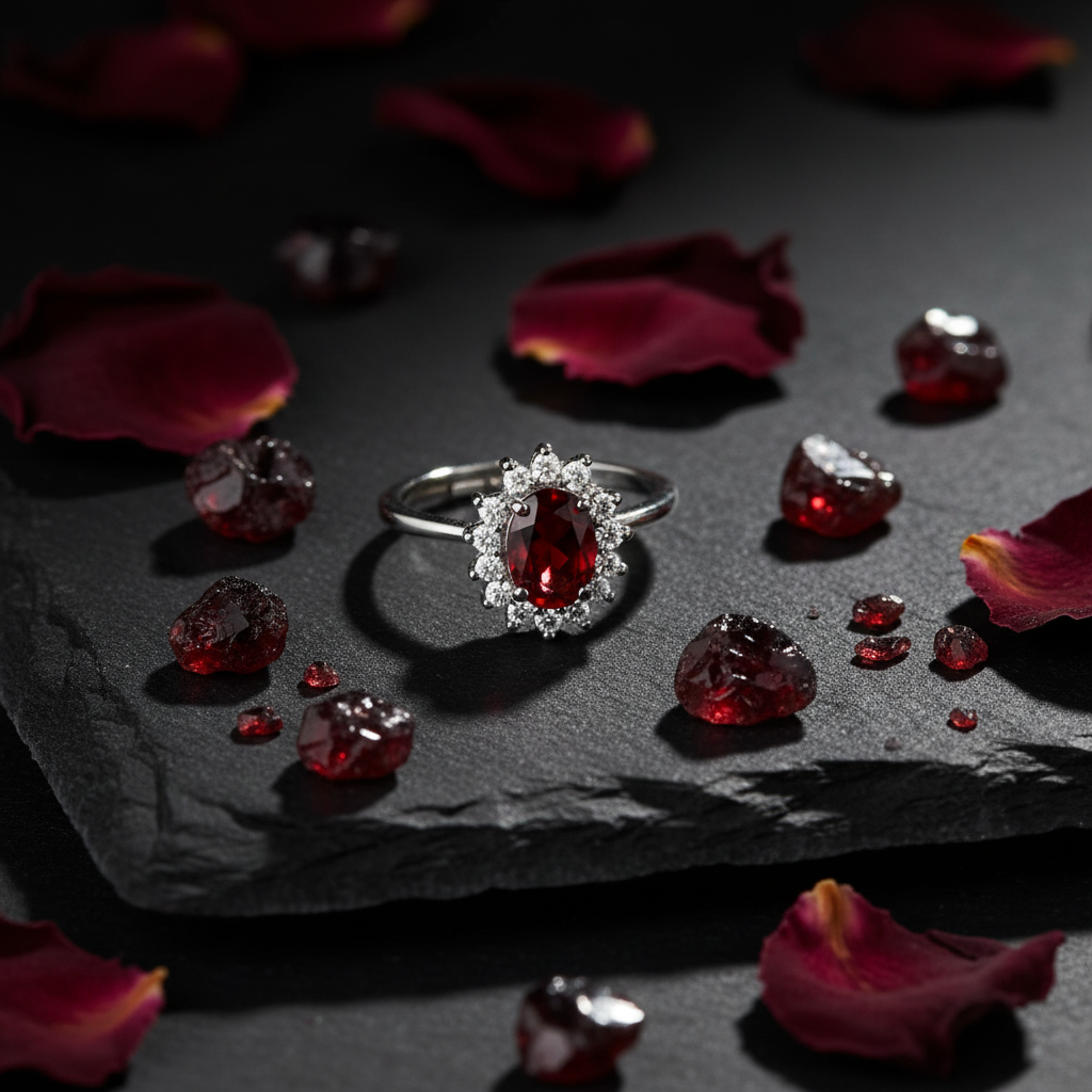 Anello granato su ardesia scura con petali rossi