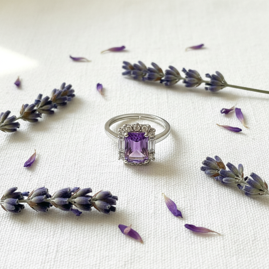 Anello ametista quadrato flat lay con lavanda