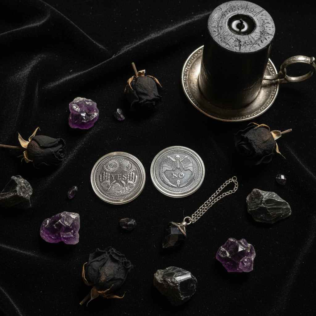 Monete del Destino - flatlay velluto nero con cristalli e pendolo
