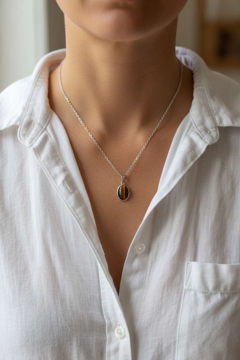 Collana con Ciondolo in Argento e Occhio di Tigre Naturale