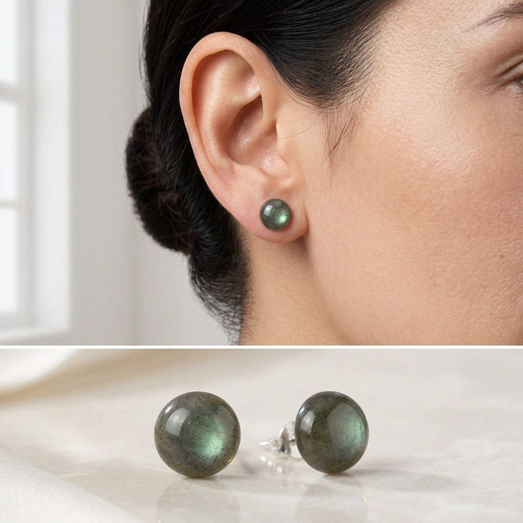 Orecchino in labradorite verde indossato sul lobo