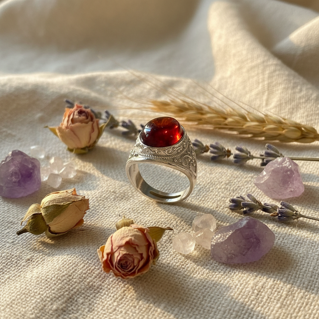 Anello ambra composizione fiori e cristalli