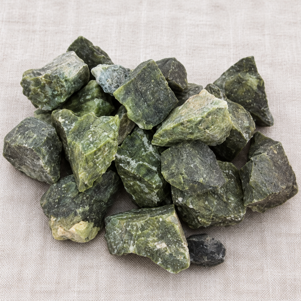 Giada verde Xiuan grezza su lino