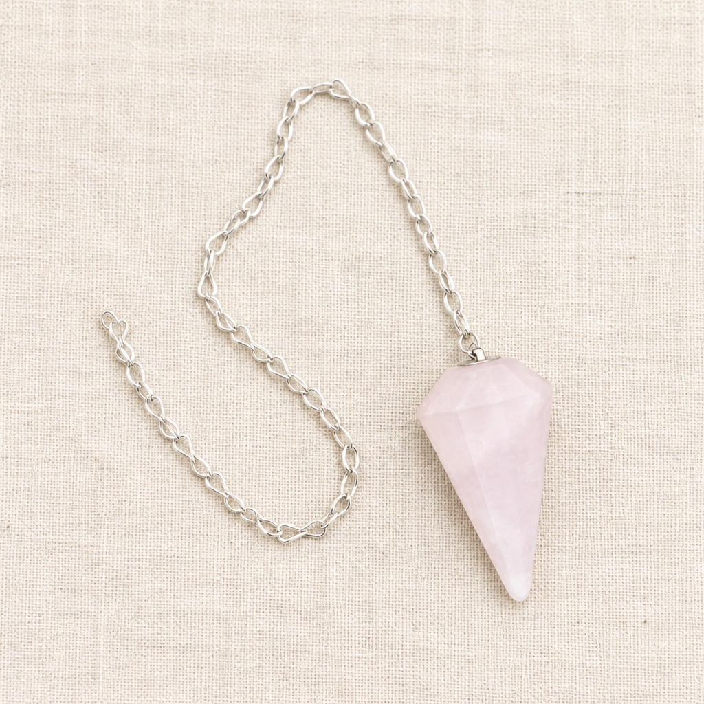 Pendolo in quarzo rosa con catena inclusa su lino