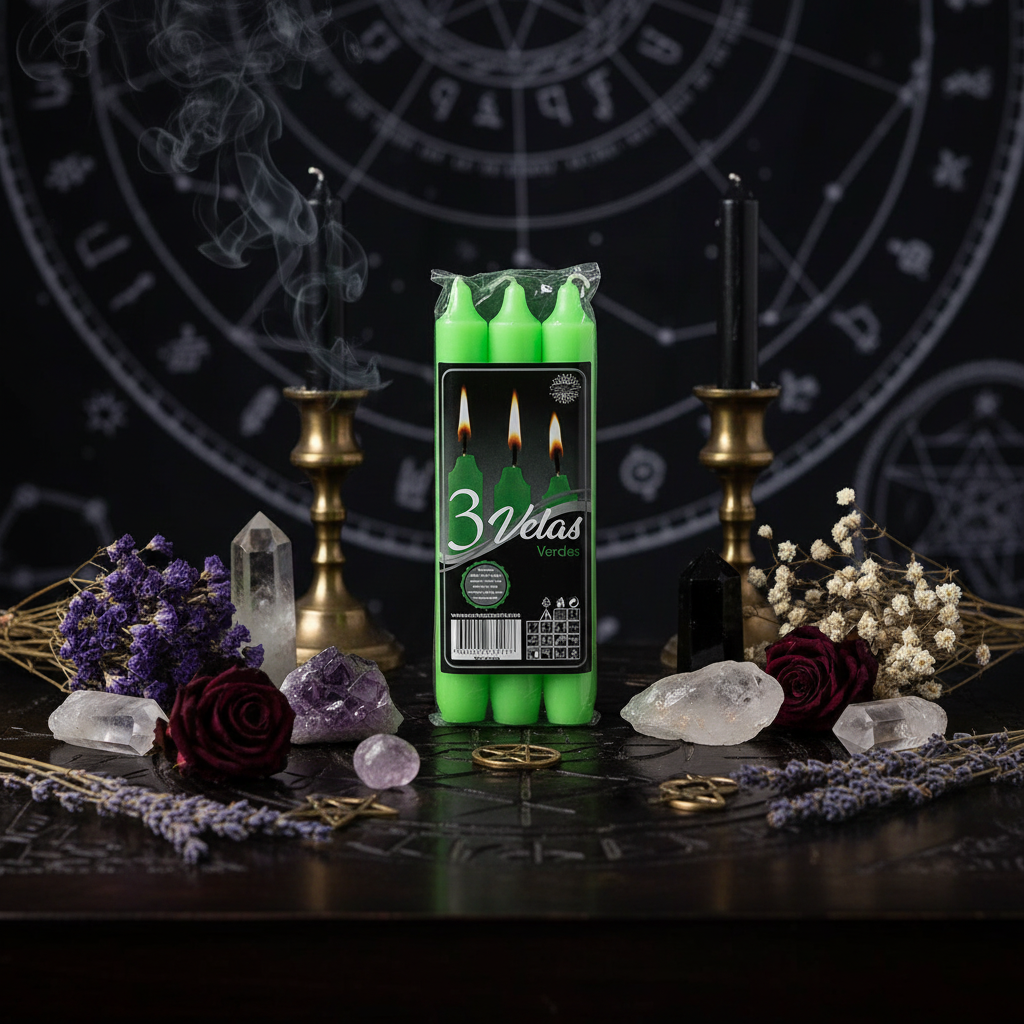 Set da 3 candele verdi su altare mistico