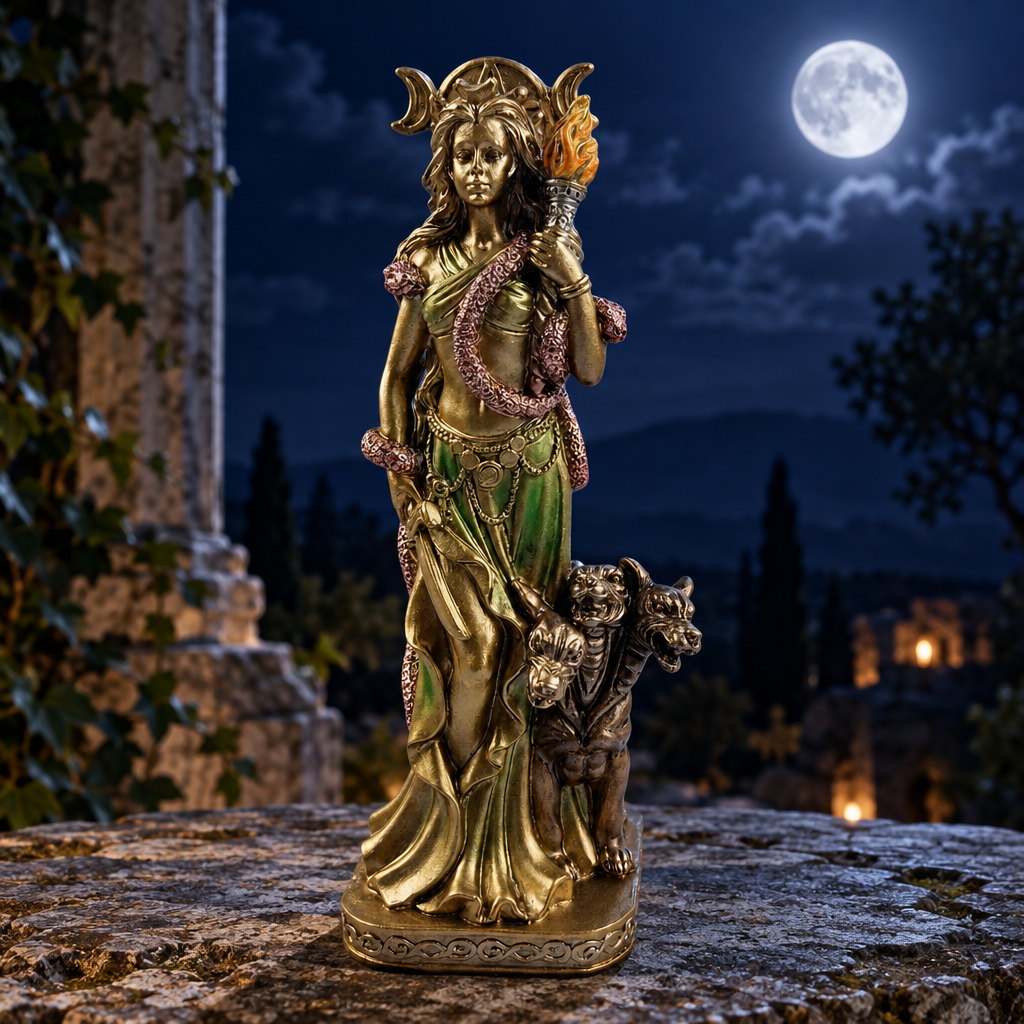 Dea Ecate in resina su pietra antica al chiaro di luna