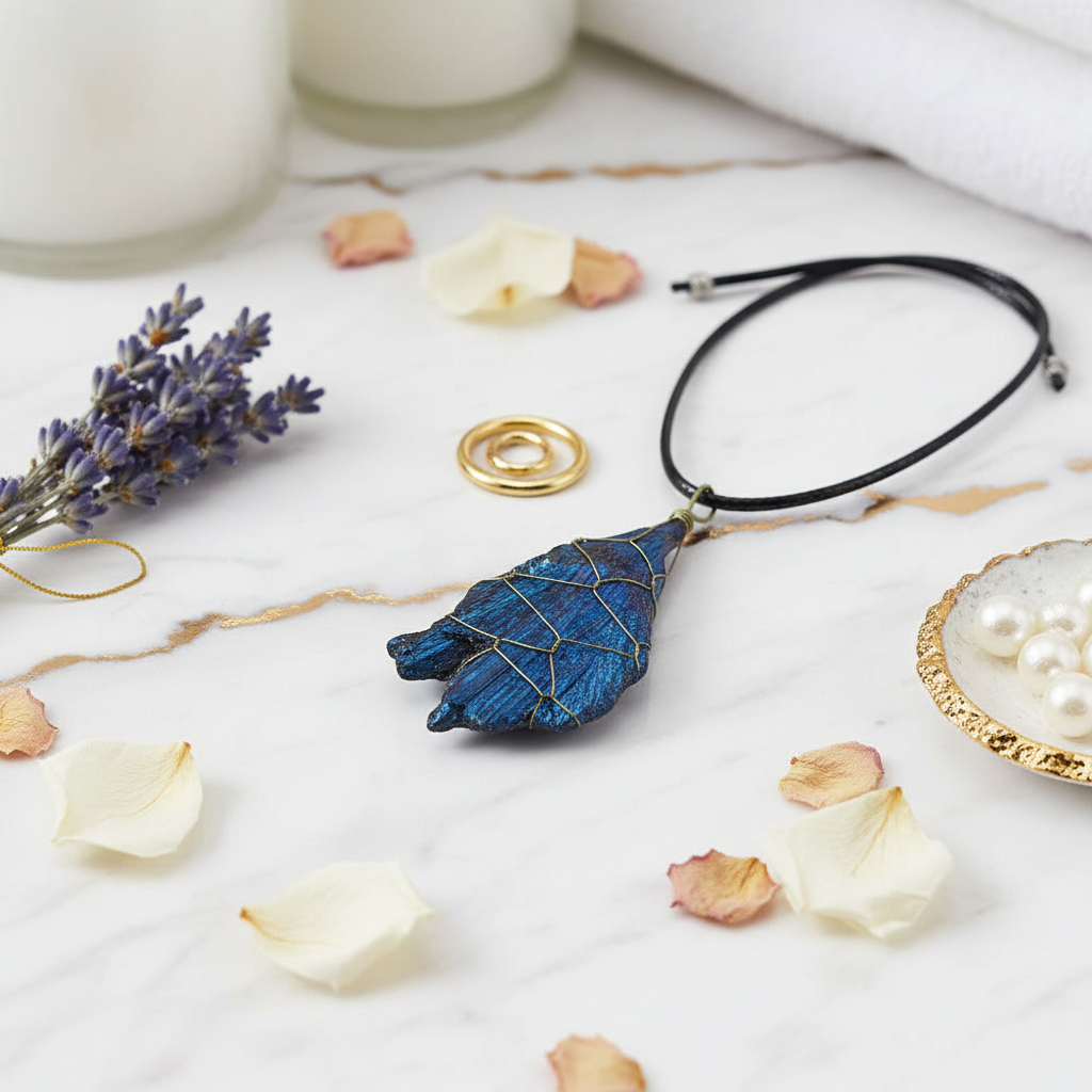 Ciondolo Tormalina Nera Aura Blu - sfondo marmo luxury