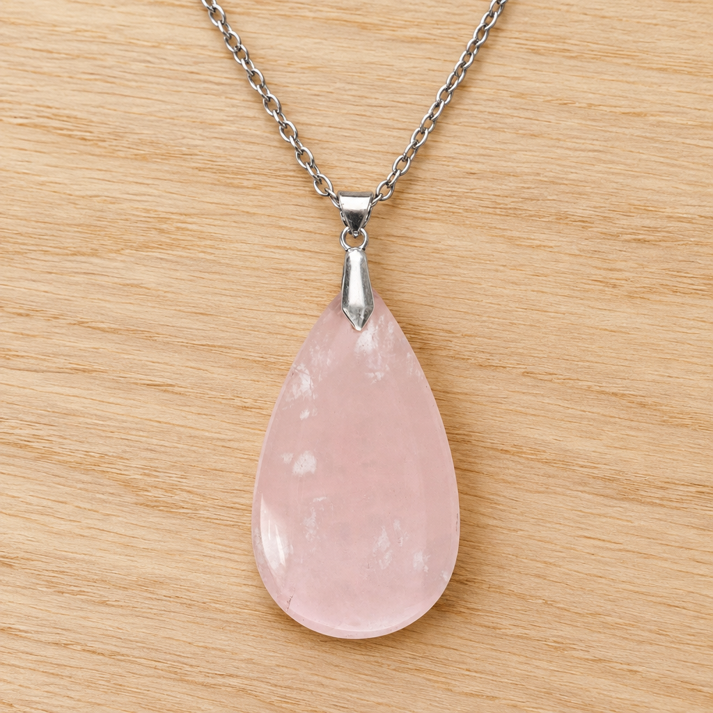Collana con ciondolo in quarzo rosa su legno