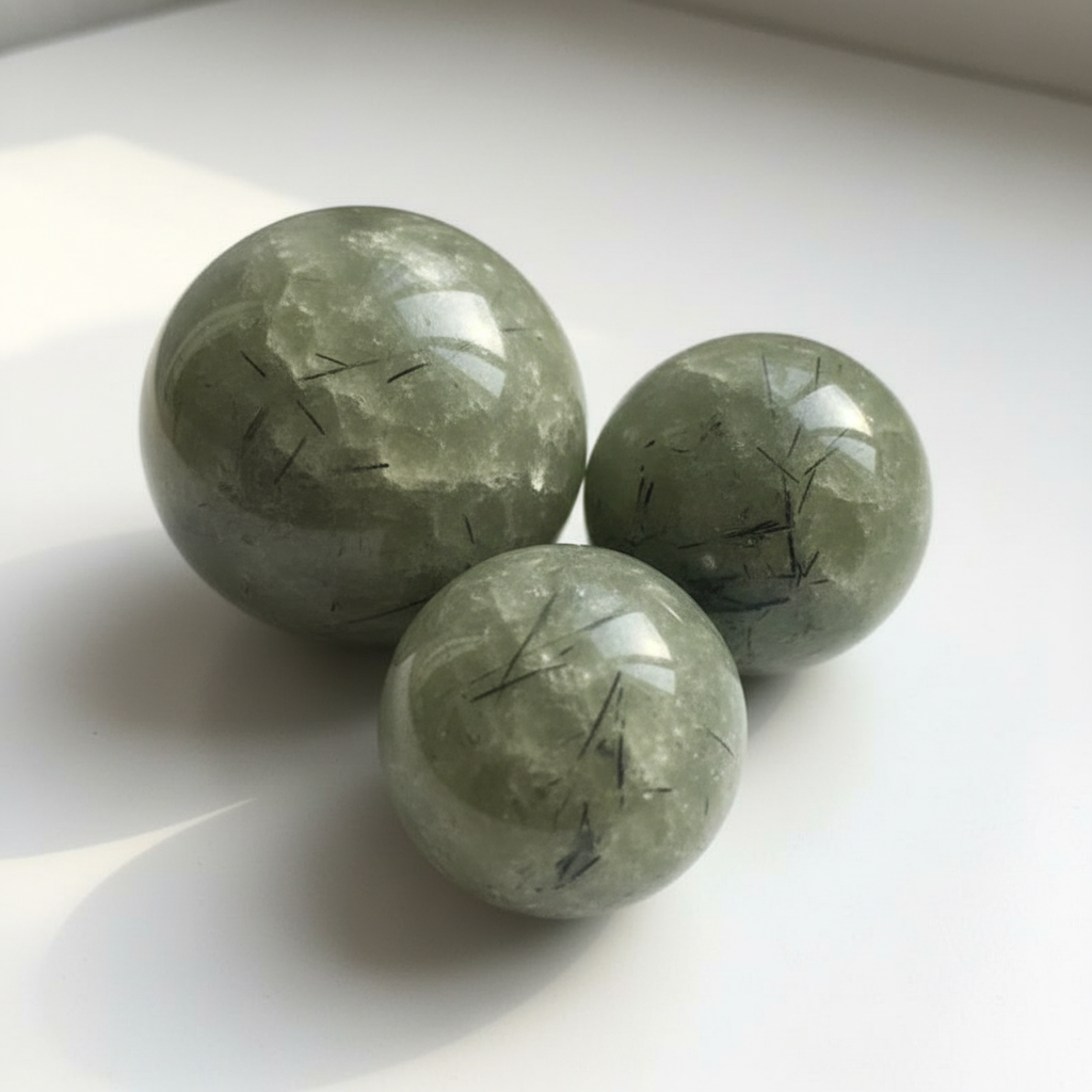 Tre sfere in Prehnite con Tormalina Nera - lifestyle