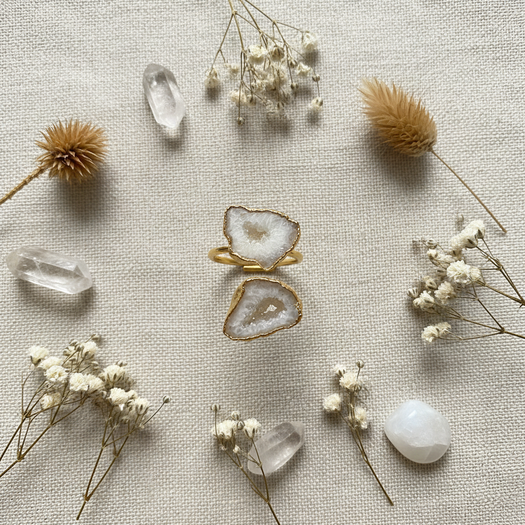 Anello Drusa Agata Bianca Gold - Fiori e cristalli su lino