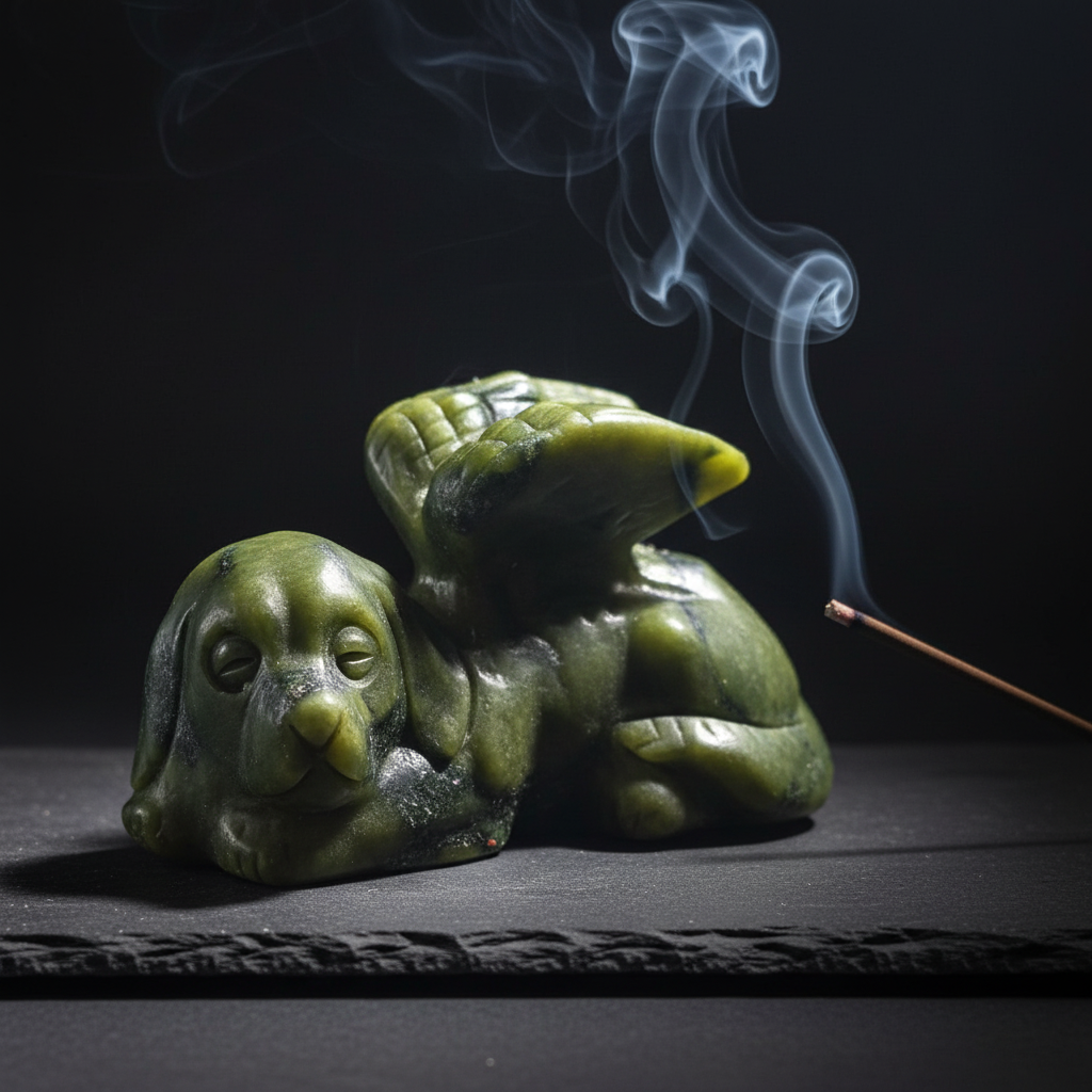 Cane Alato in Giada Verde - incenso con fumo