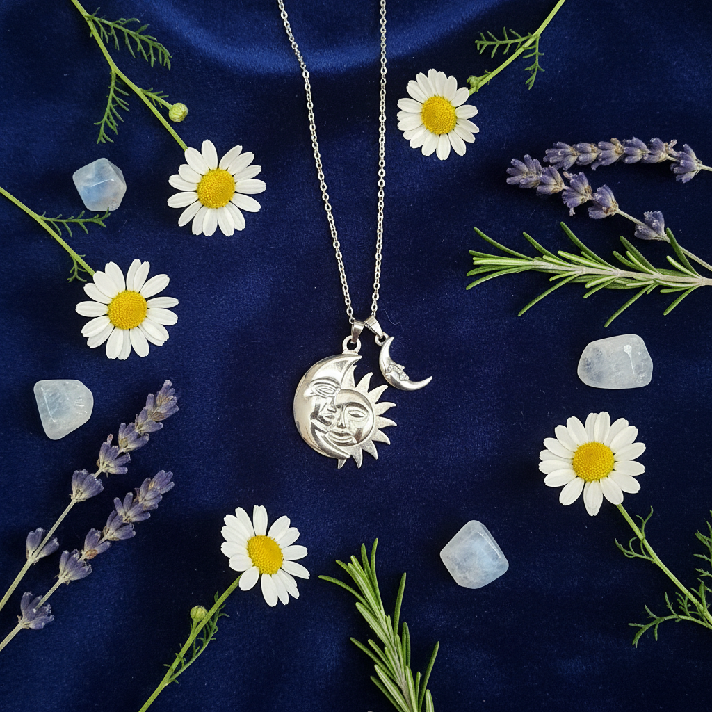 Collana Sole e Luna silver composizione con fiori