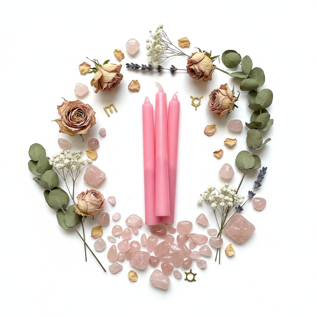 Tre candele rosa con cristalli e fiori secchi