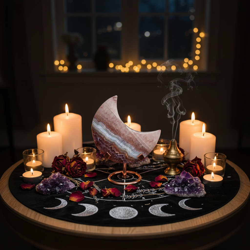 Luna in Ametista con Agata 14cm - altare con candele