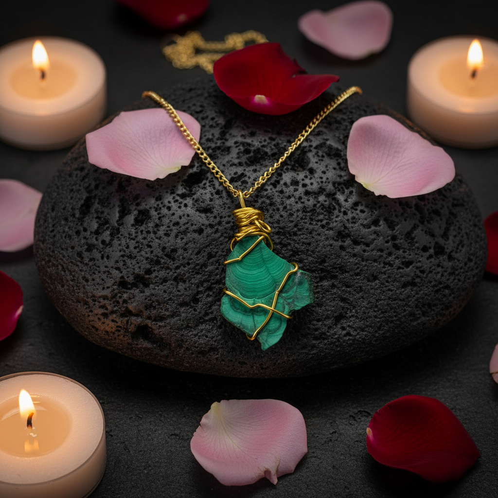 Collana Malachite Grezza Artigianale - sfondo pietra vulcanica