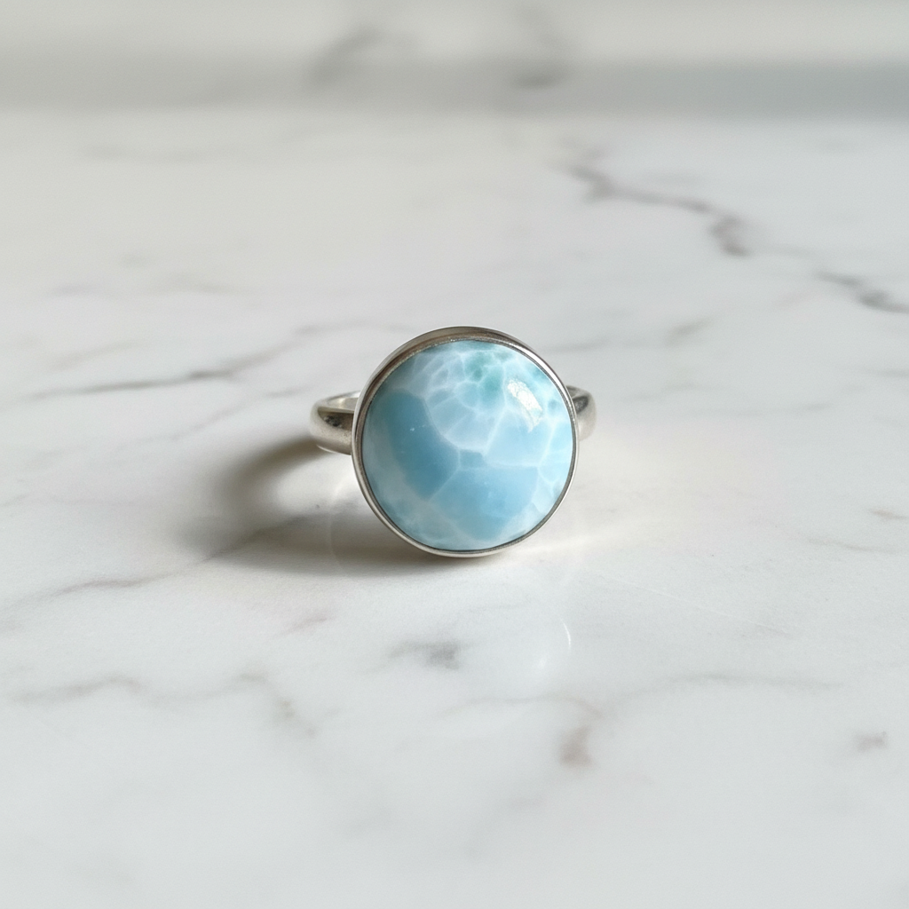 Anello Larimar Naturale Rotondo su marmo bianco