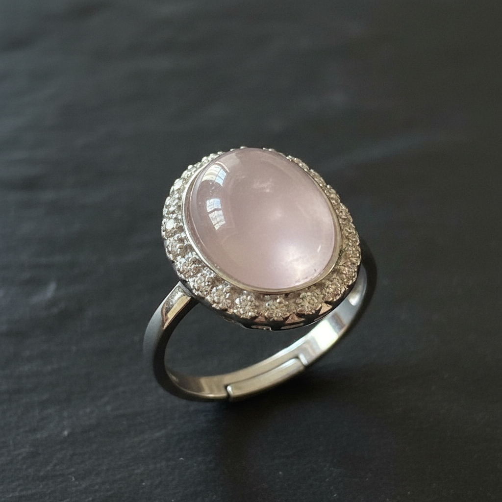 Anello quarzo rosa zirconi macro close-up