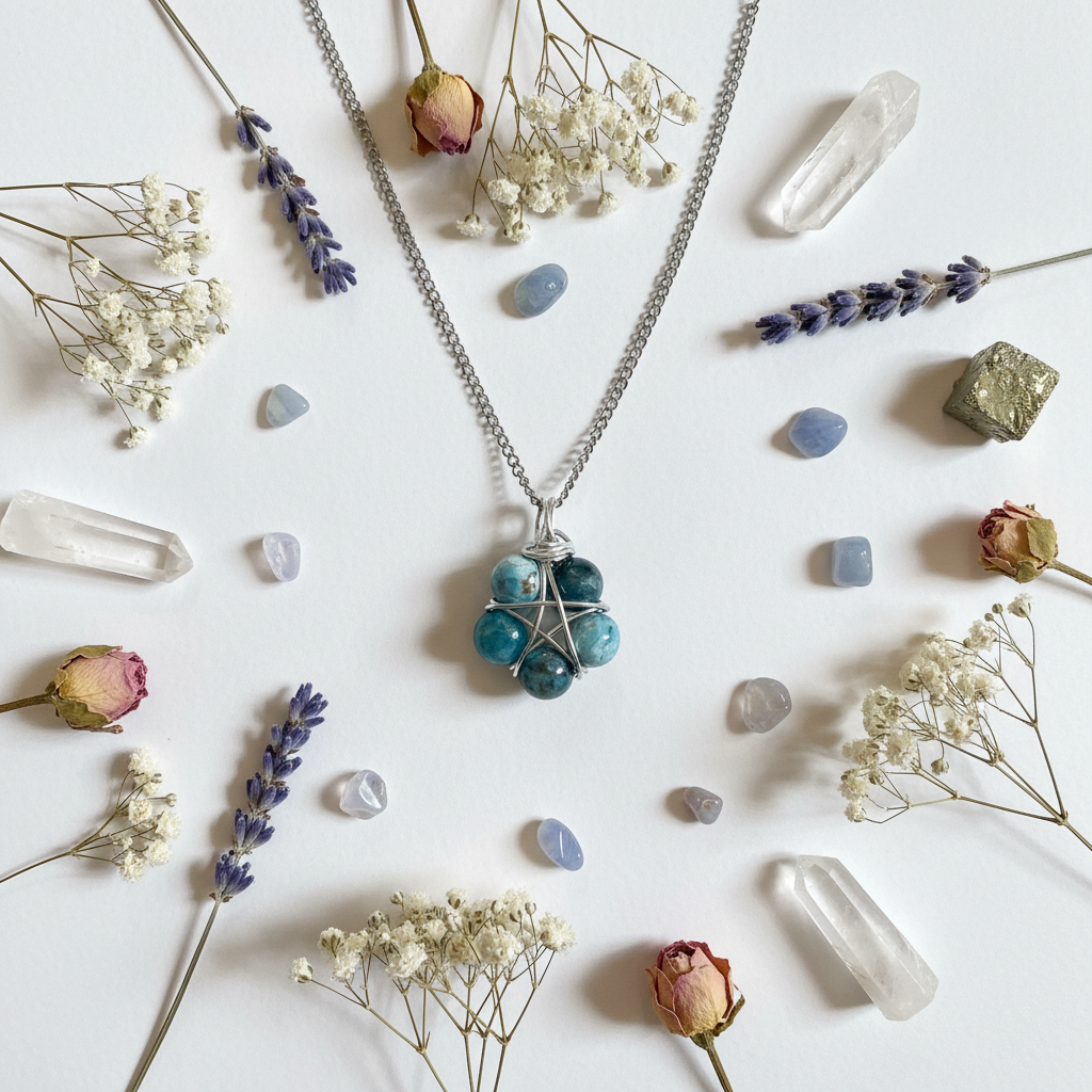 Collana Pentacolo Apatite - composizione con fiori e cristalli