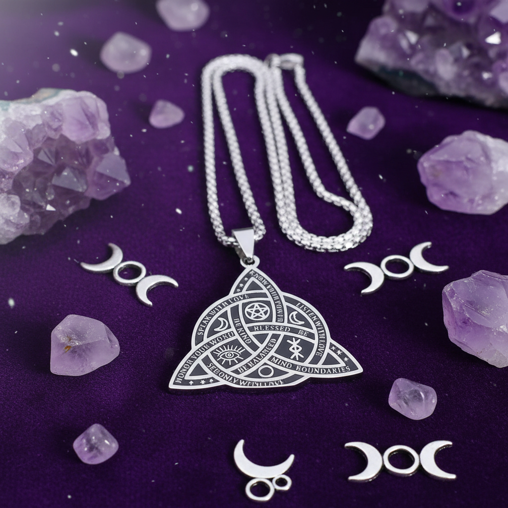 Collana Triquetra - velluto viola con ametiste e fasi lunari