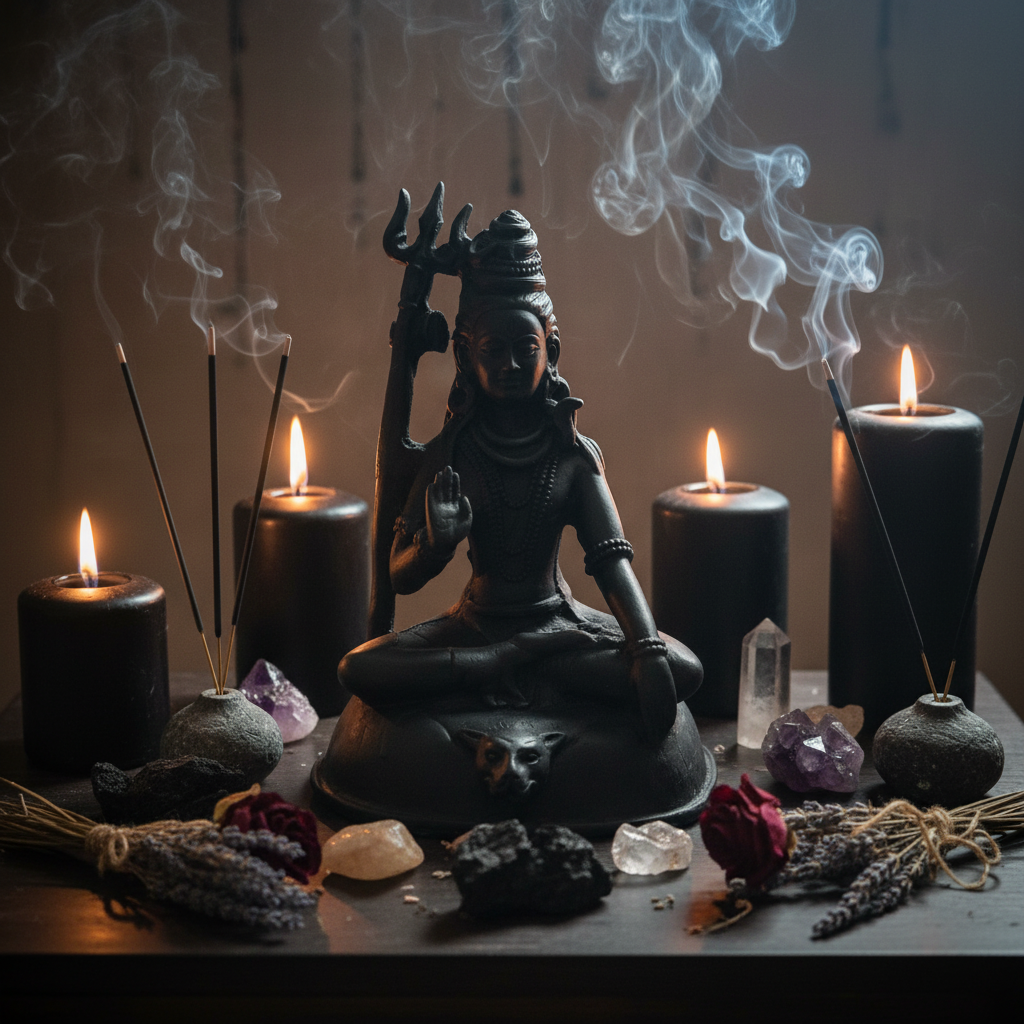 Shiva pietra lavica - altare spirituale con candele nere