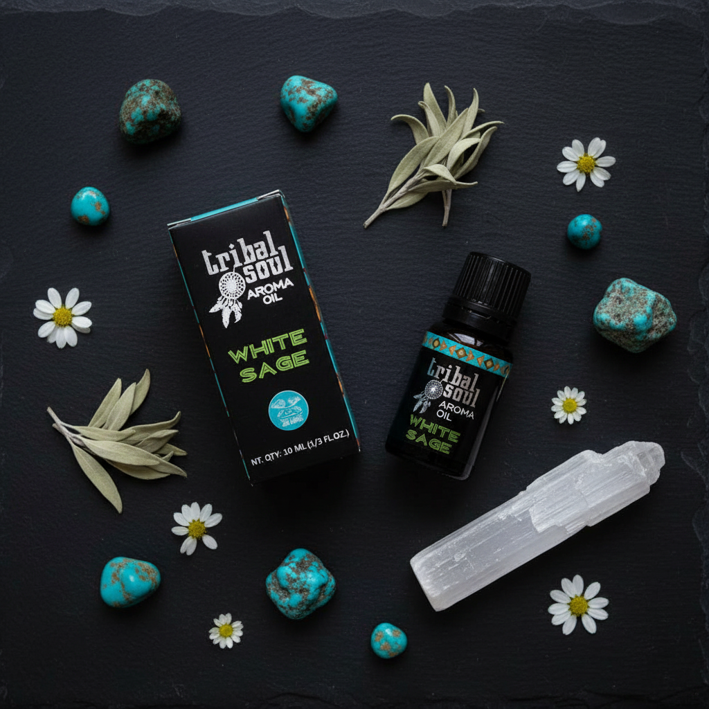 Olio aromatico Tribal Soul White Sage - flatlay su ardesia con selenite e turchesi