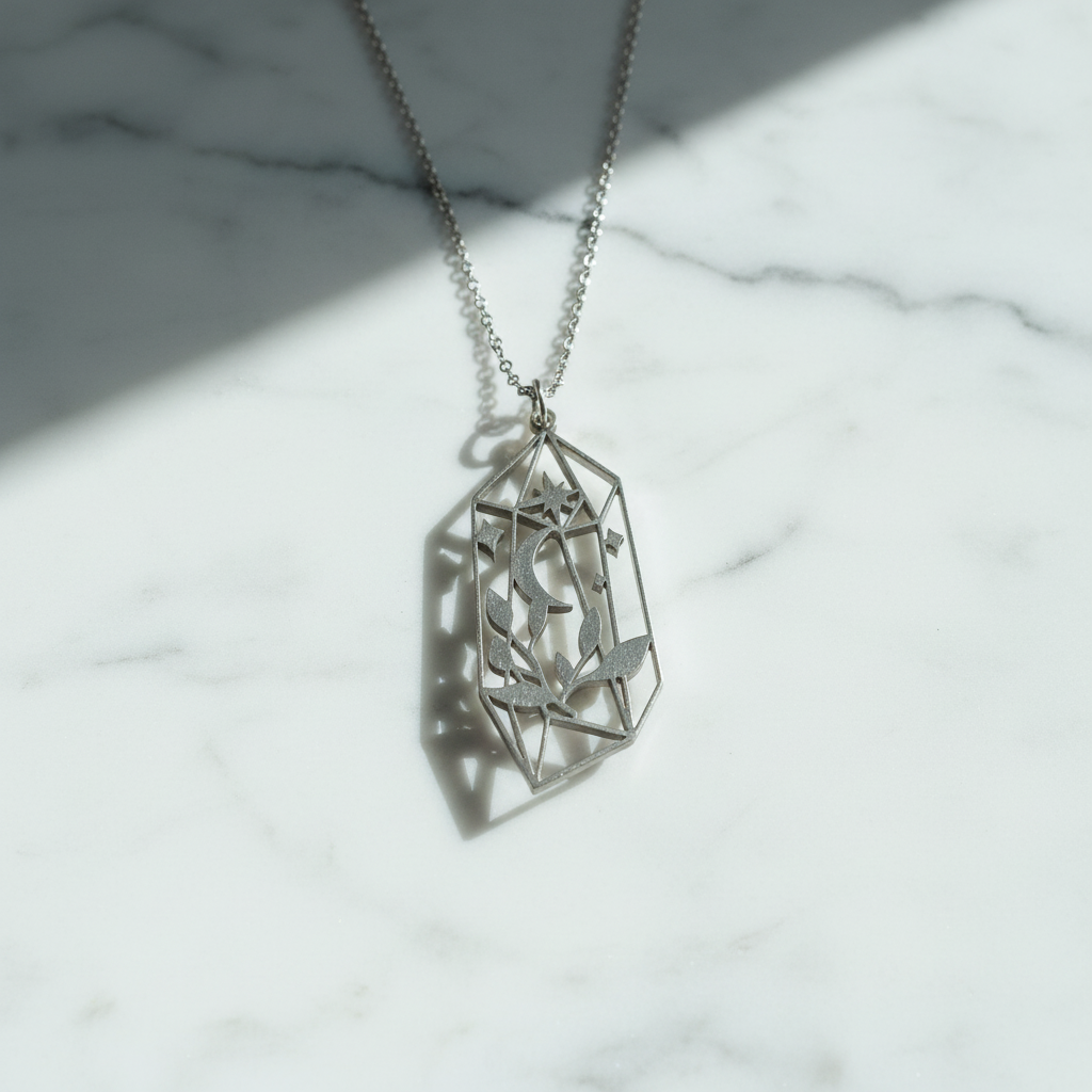 Collana Cristallo Geometrico con Luna e Stelle su marmo bianco
