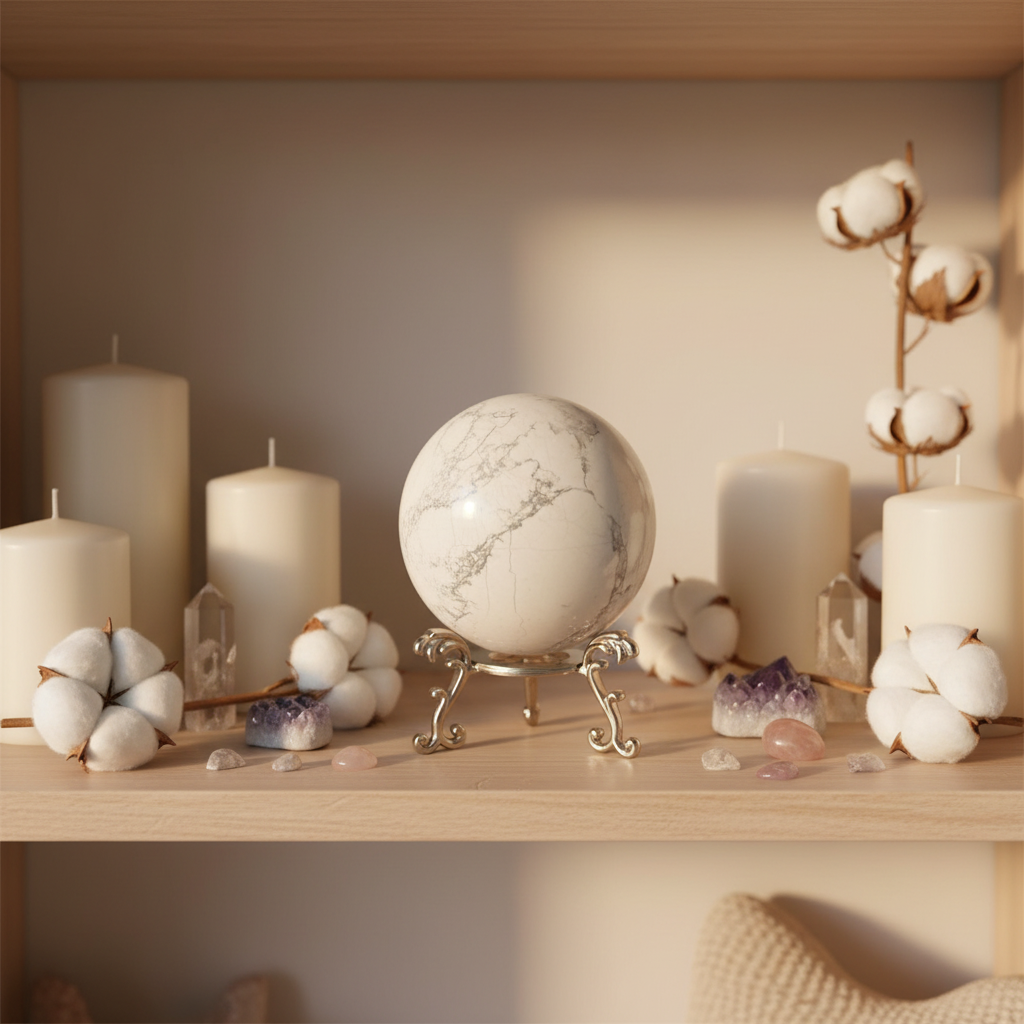 Sfera Howlite lifestyle mensola con candele bianche