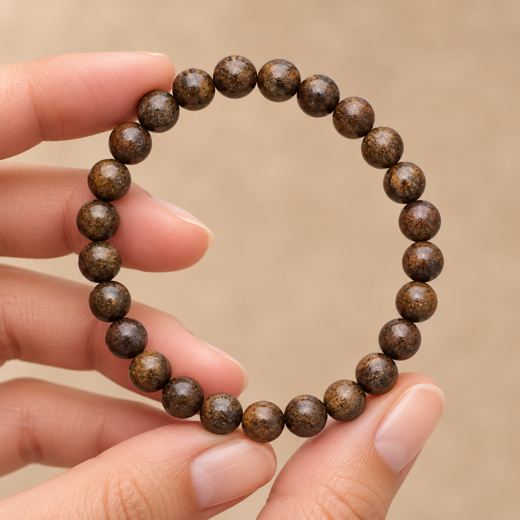 Bracciale in bronzite tenuto tra le dita