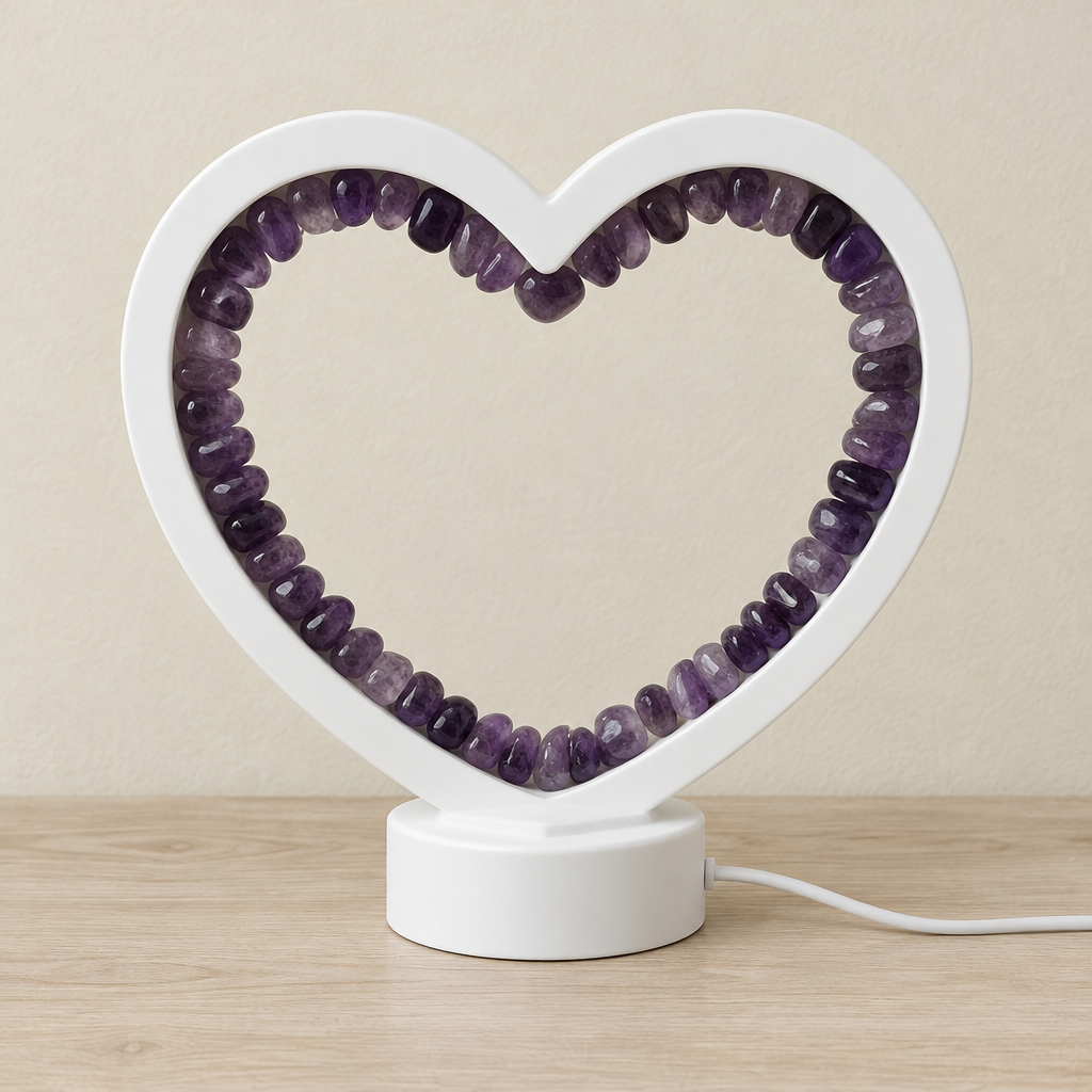 Lampada a cuore in ametista su legno chiaro