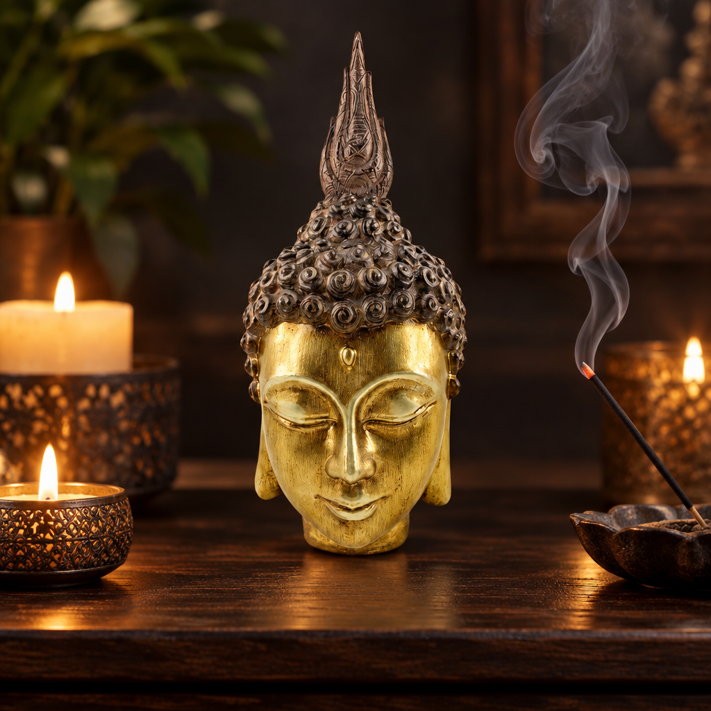 Testa di Buddha con candele e incenso