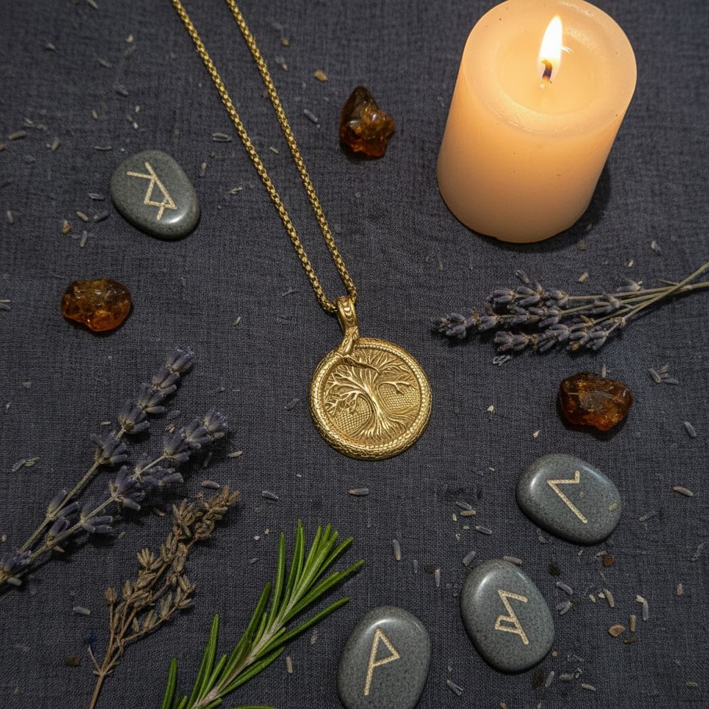 Collana Albero della Vita gold composizione vichinga con rune e cristalli