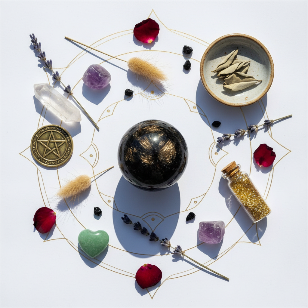 Flat lay rituale con cristalli
