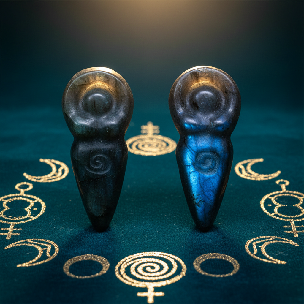Mini Dea Madre in Labradorite - sfondo teal dorato