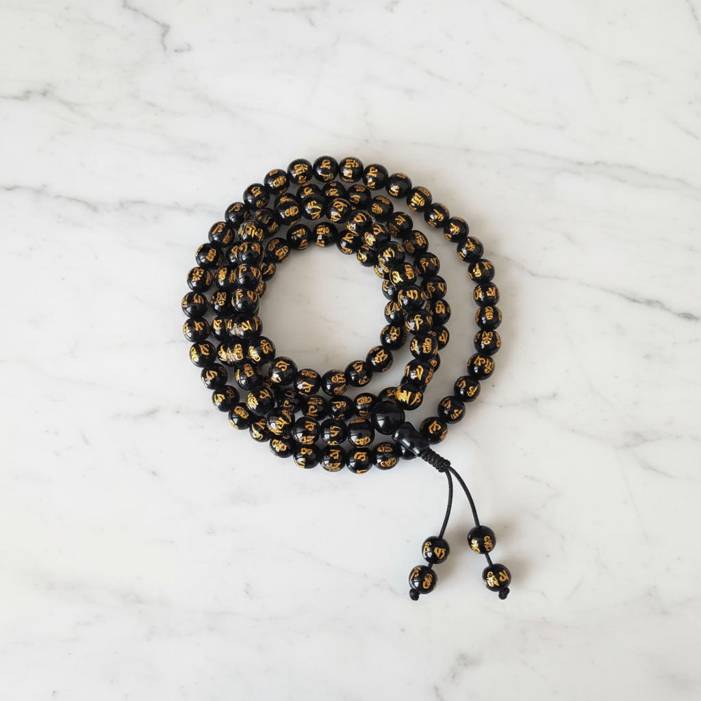 Japamala agata nera mantra Om filo nero - flatlay su marmo