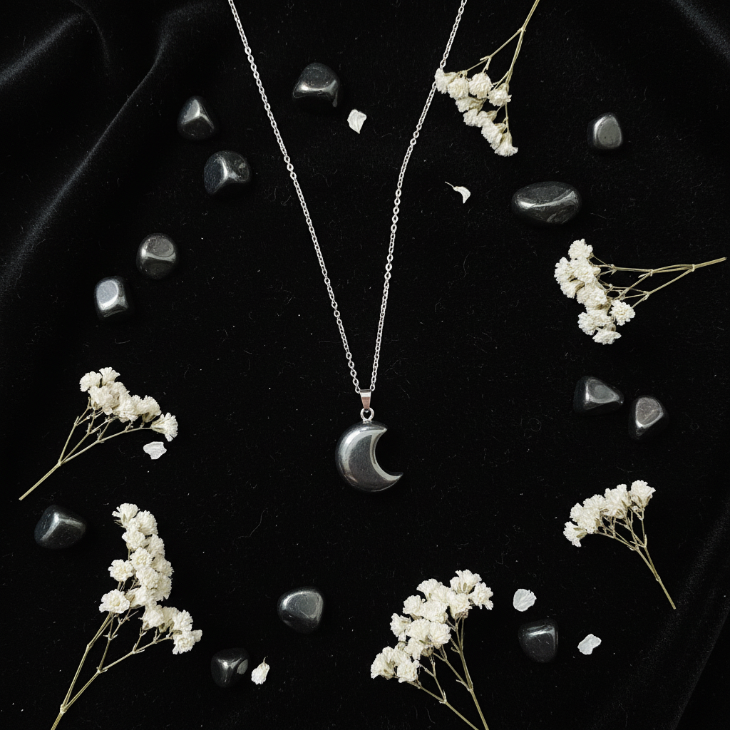 Collana Luna Ematite flat lay velluto nero con ematite e fiori