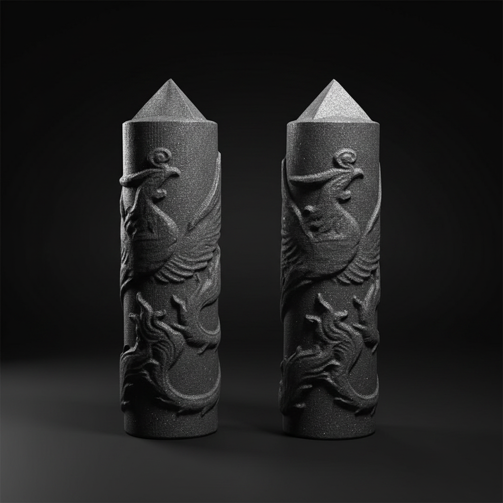 Torri di shungite con drago scolpito su sfondo nero opaco