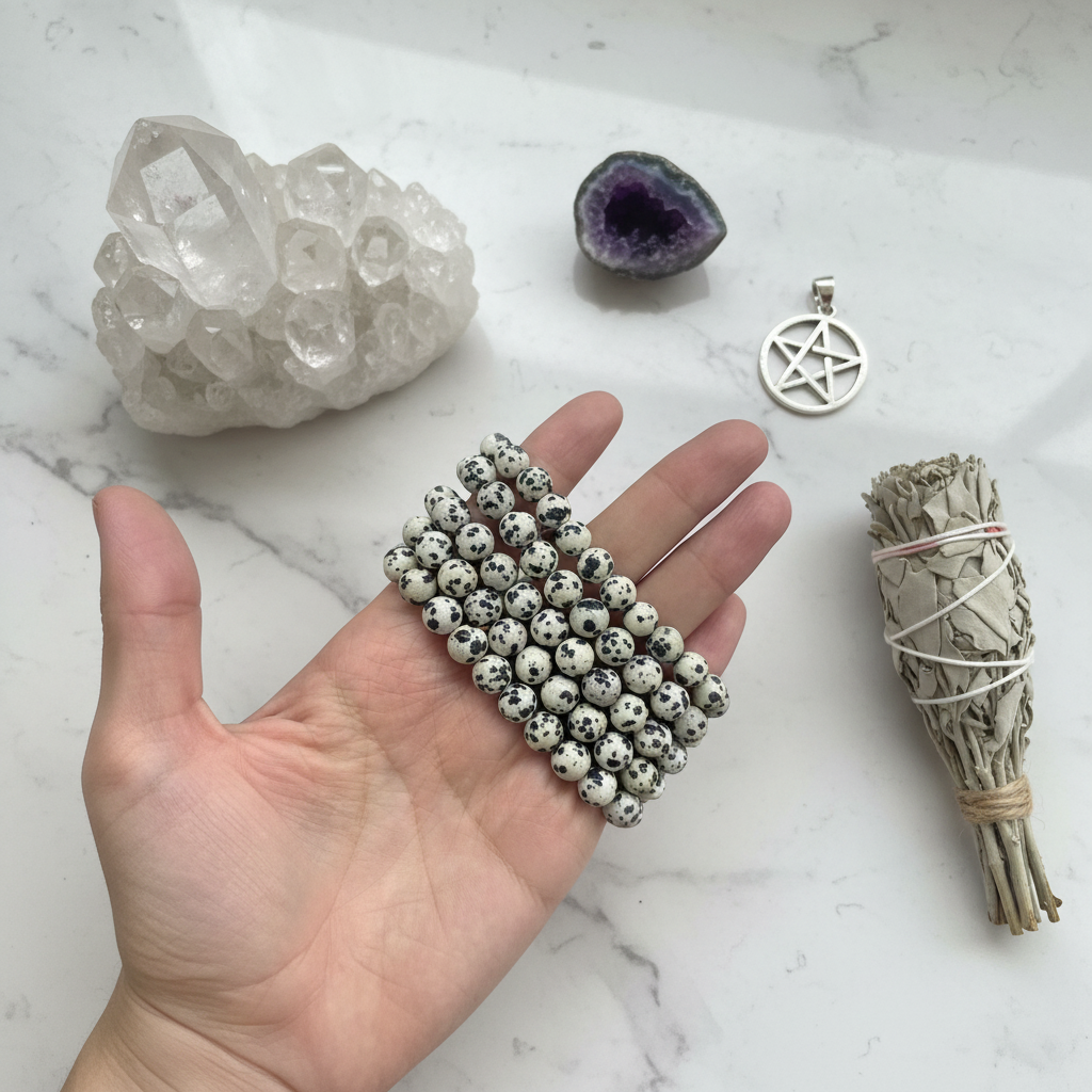 Bracciale Diaspro Dalmata 8mm - flat lay con cristalli