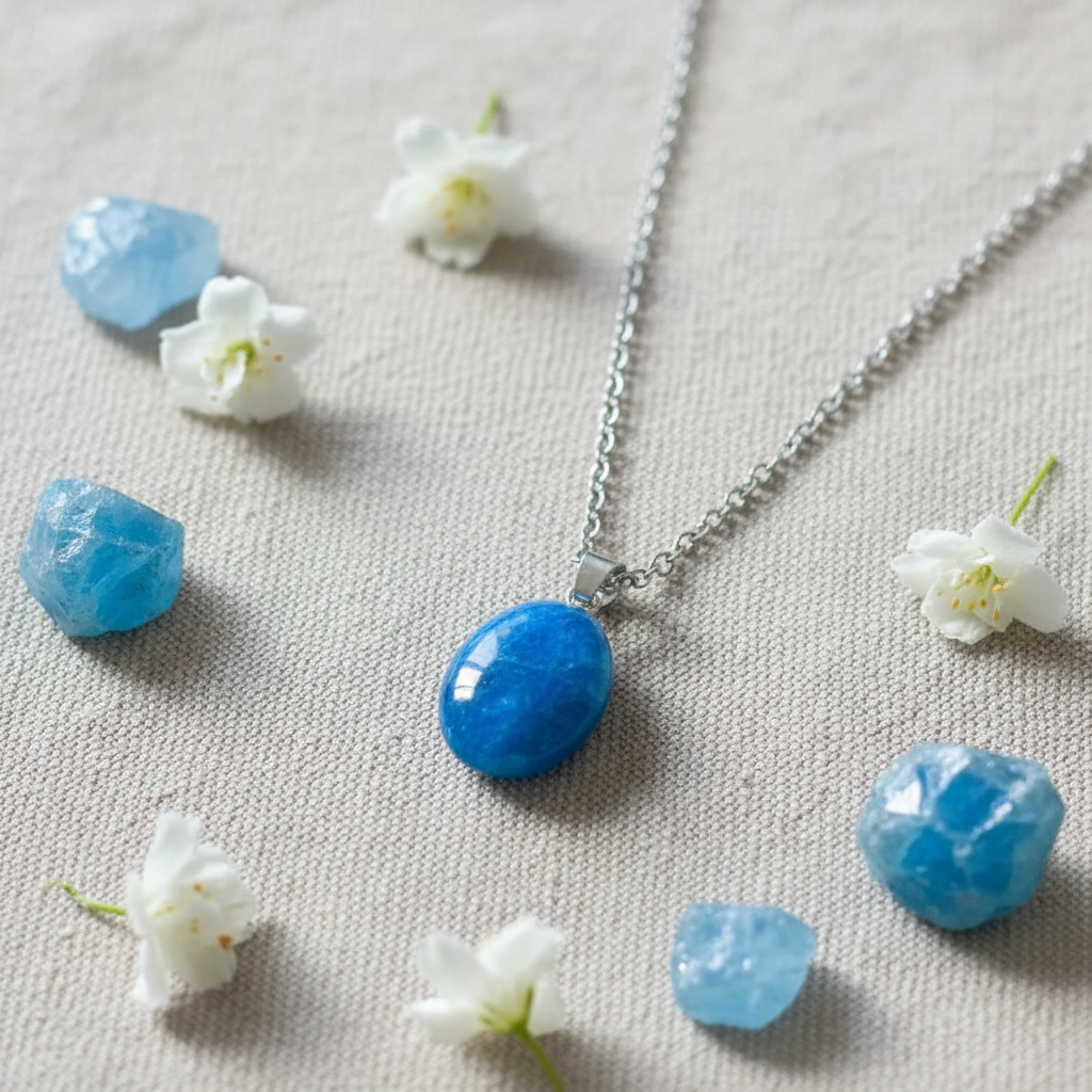 Collana apatite blu grezza con fiori e cristalli
