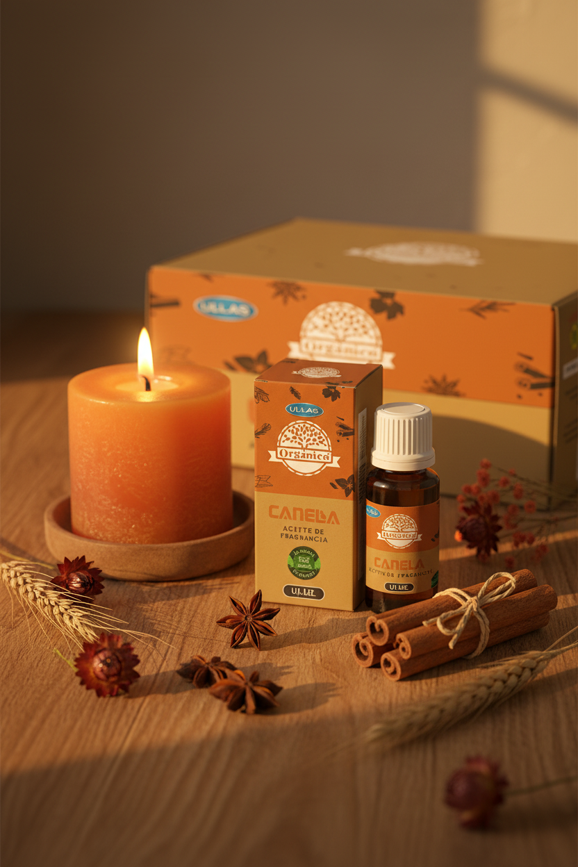 Olio essenziale cannella Ullas - lifestyle autunnale con candela arancione
