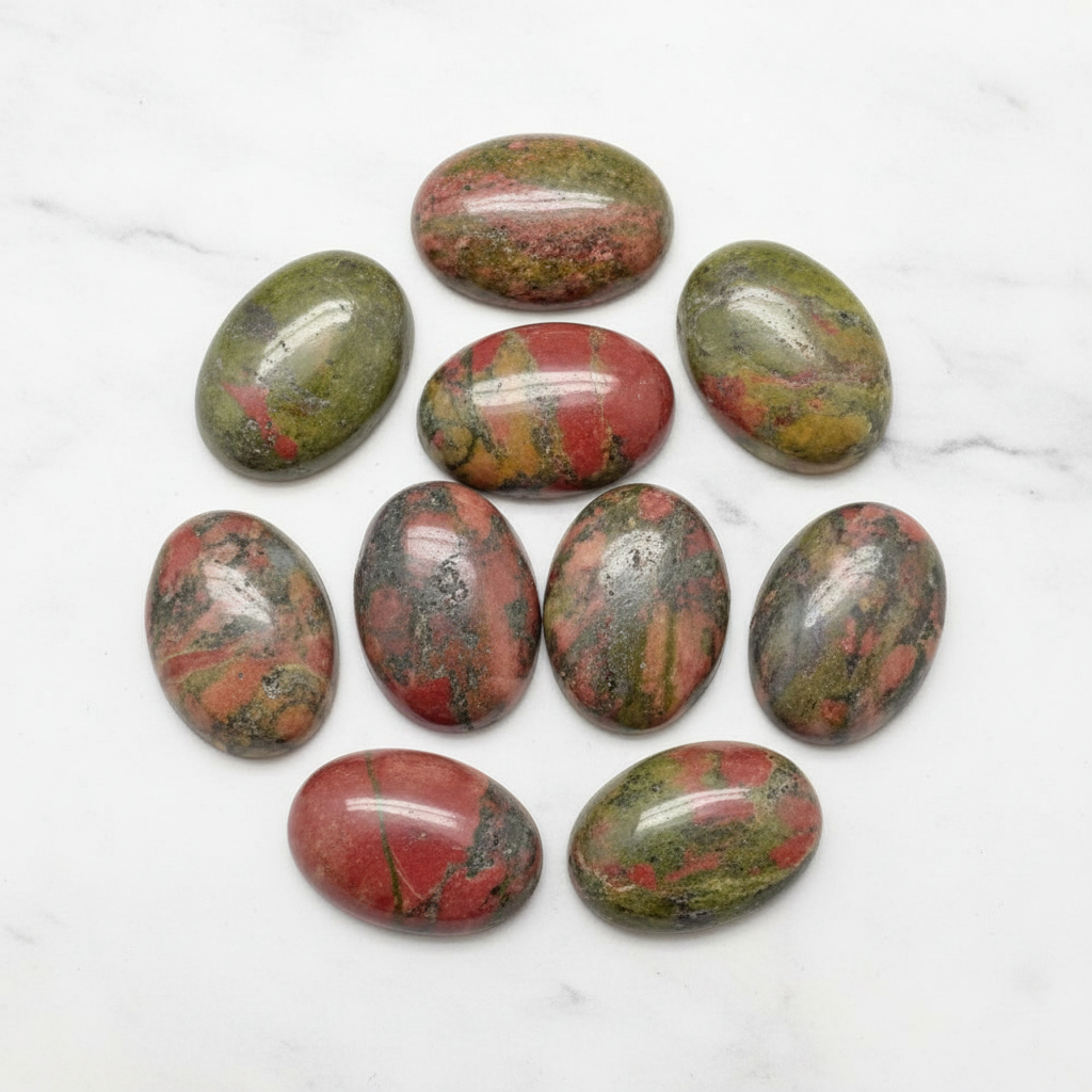 Cabochon unakite - flatlay su marmo
