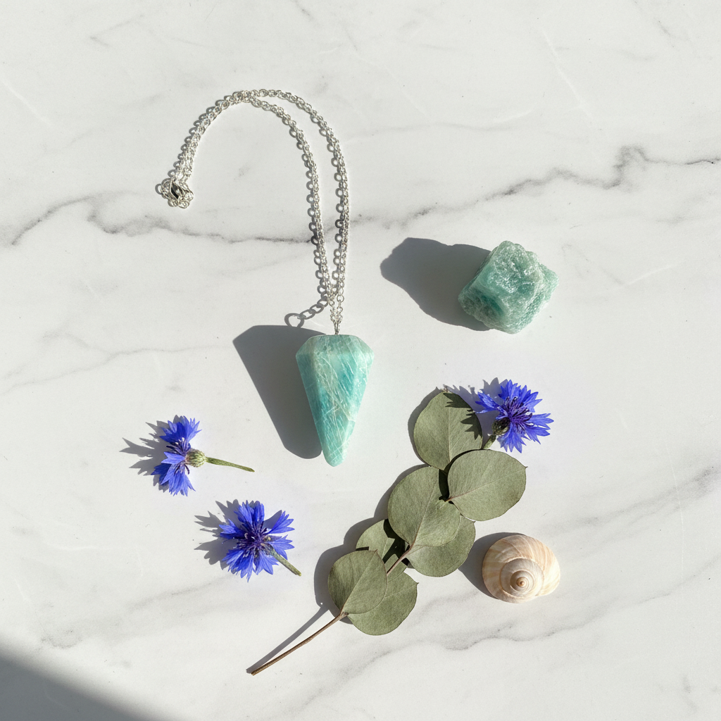 Pendolo Amazzonite - flatlay marmo con eucalipto e fiori blu
