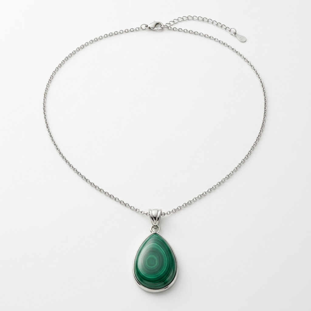 Collana con cabochon in malachite e catenina in acciaio inox