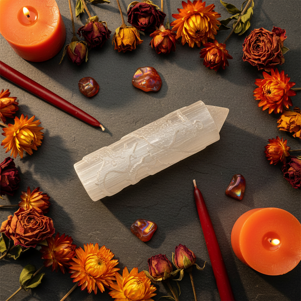 Obelisco Selenite Fenice flat lay ardesia con fiori rossi