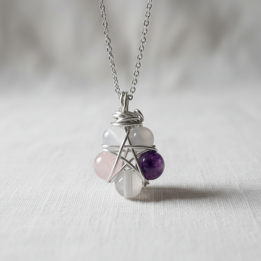 Collana pentacolo wire wrapping minimal su lino bianco