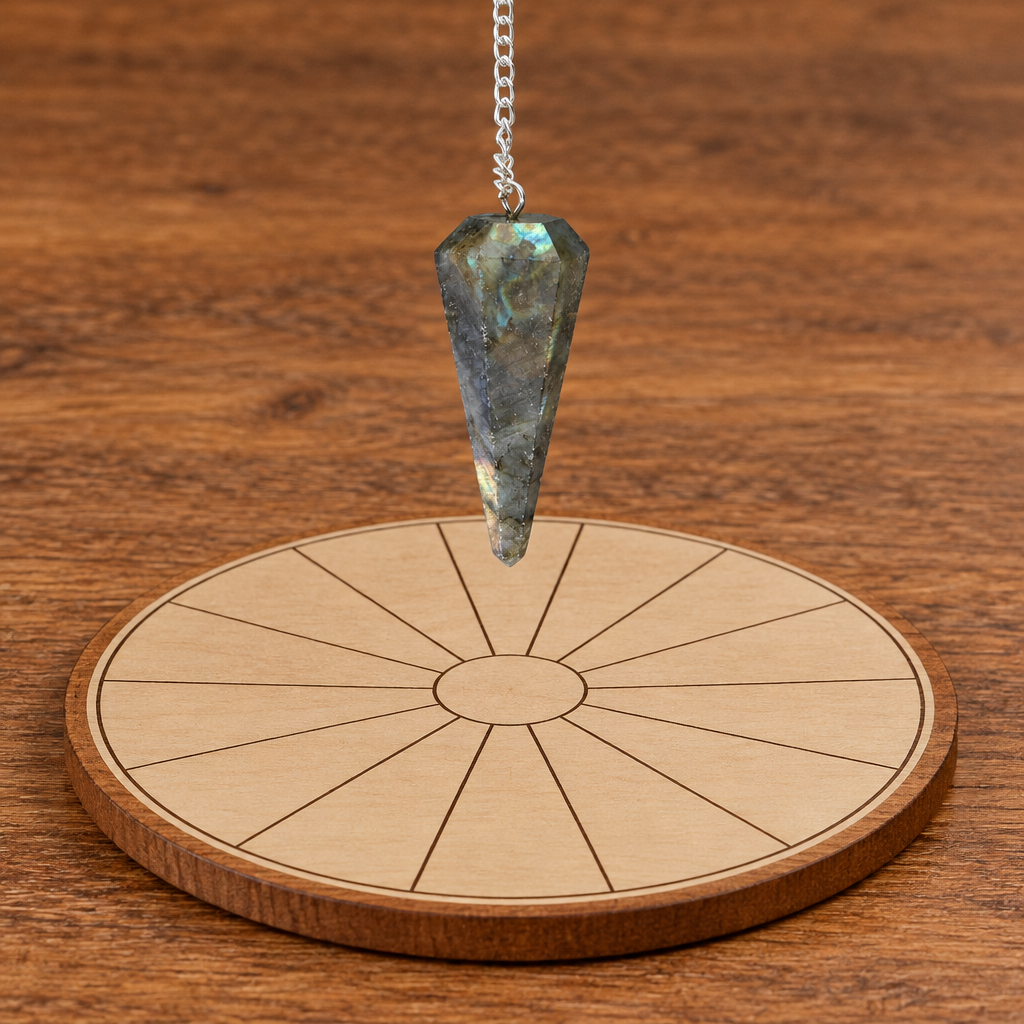 Pendolo in labradorite sospeso sopra tavola illustrativa, non inclusa