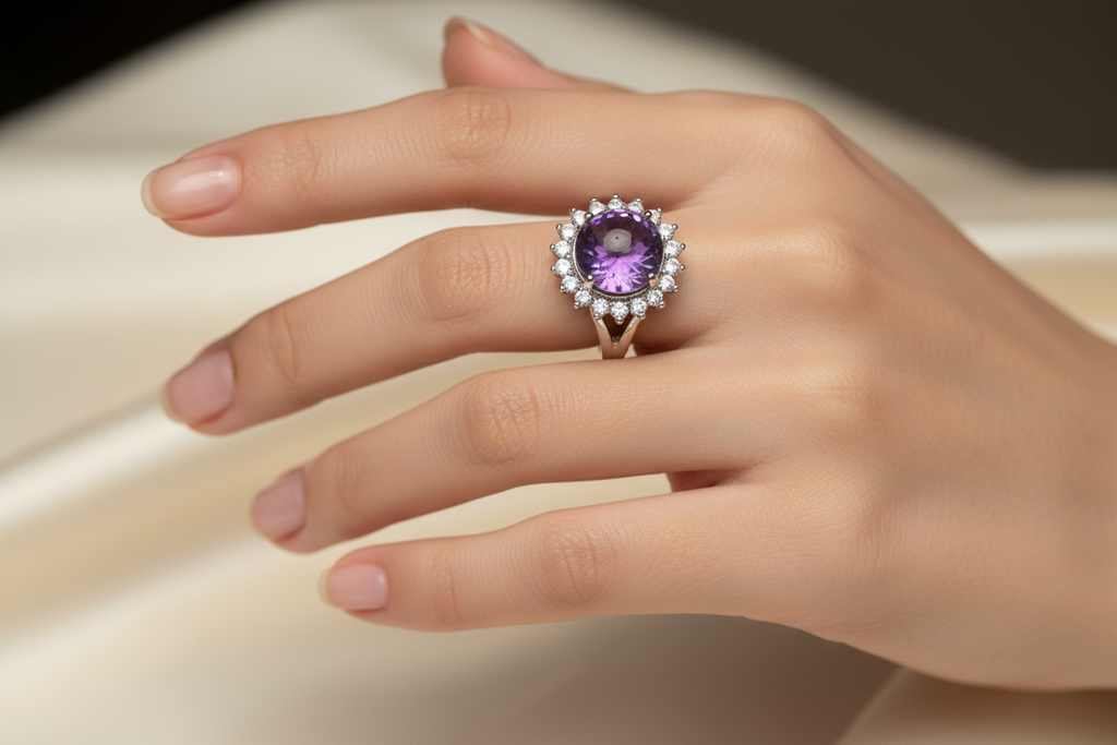 Anello ametista e zirconi indossato - lifestyle shot